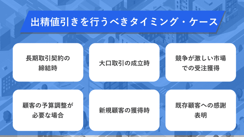 出精値引きを行うべき5つのタイミングと具体的ケース（長期契約・大口取引・競争市場・予算調整・新規獲得）