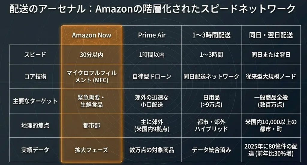 Amazonの階層化された配送ネットワークを示す比較表。30分以内配送を実現する「Amazon Now」の項目がオレンジ色で強調されている。