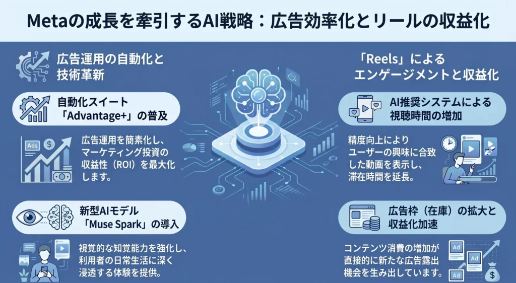 Meta社のAI戦略と広告運用の効率化、およびショート動画「リール(Reels)」の収益化メカニズムをまとめた解説図。自動化スイート「Advantage+」による広告ROIの最大化や、AI推奨システムによる滞在時間延長が、新たな広告枠の拡大と収益化加速につながるサイクルを示している。