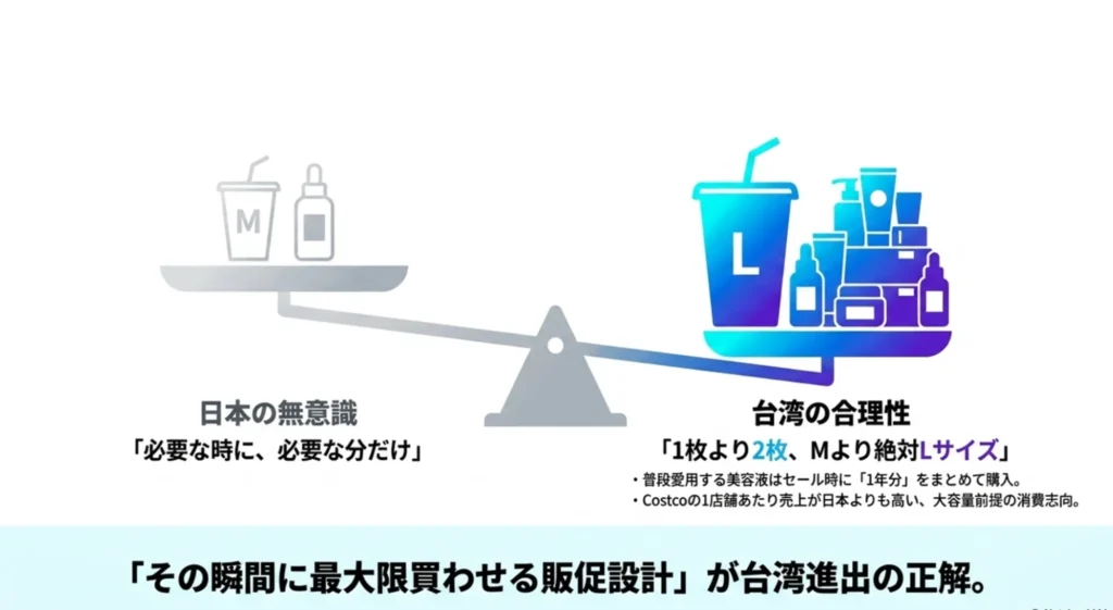 日本と台湾の消費者行動の違い。台湾進出では「まとめ買い」を促す合理的な販促設計が正解であることを示す図解